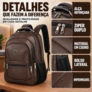 Mochila de Couro Masculina Impermeável Executiva Feminina Reforçada Notebook Bolsa Grande Trabalho