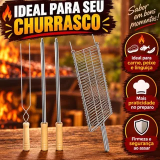 Kit Churrasco Grelha Dupla Abaulada 57cm Para Carne Peixe Linguiça 1 Espeto Duplo 2 Espetos Simples