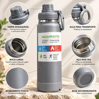 Garrafa Térmica Inox com Alça Academia 350ml 600ml 800ml 1000ml Quente Frio Antivazamento Portátil A026