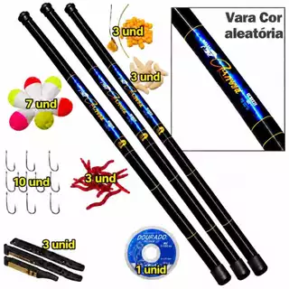 KIT 3 VARAS TELESCOPICA 2,10 M + LINHA + ANZOL + BOIA + ISCAS ARTIFICIAIS