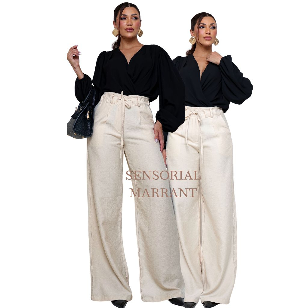 Calça Pantalona Feminina Cintura Alta Tecido Sensorial Marrant Premium ...