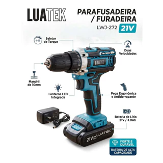 Parafusadeira e Furadeira Sem Fio Luatek 21V Bateria de Lítio com Luz LED e Controle de Torque