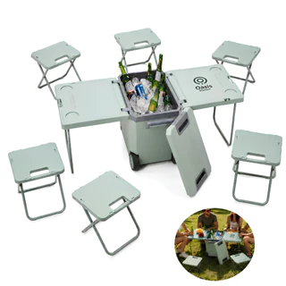 Caixa Térmica 32L com Mesa Dobrável 6 Banquetas Rodas e Alça Telescópica Portátil-Oásis OIF-7643