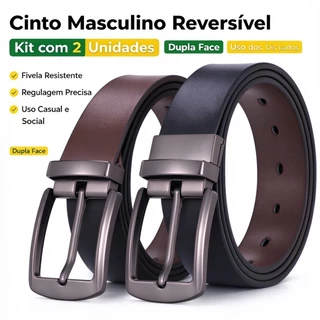 Kit 2 Cintos Masculinos Reversíveis Fivela Metálica Ajustável Social Casual