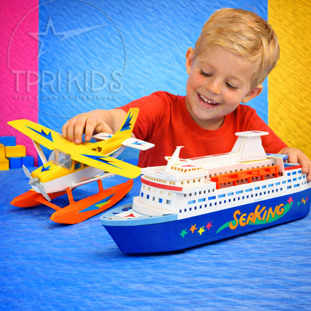 KIT AVIÃO NAVIO DE BRINQUEDO GRANDE I ANTIL FLUTUA NA ÁGUA HIDROAVIÃO E CRUZEIRO MENINO MENINA FLUTUANTE