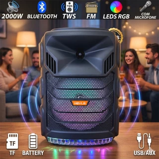 Caixa De Som Bluetooth 2000W Portátil com Microfone Fm Led Rgb em Oferta na Shopee