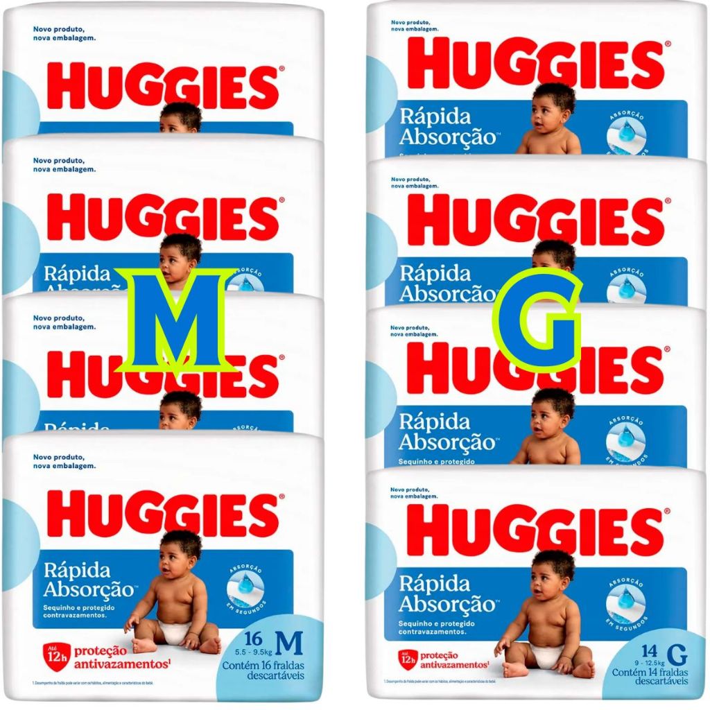 Fralda Huggies Rápida Absorção - 4 Pacotes M e 4 Pacotes G | Shopee Brasil