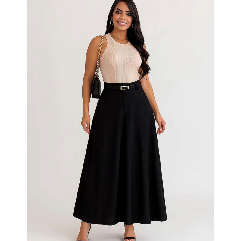 SAIA RODADA LONGA FEMININA ALFAIATARIA MODA EVANGÉLICA CASUAL BÁSICA INVERNO CINTURA ALTA