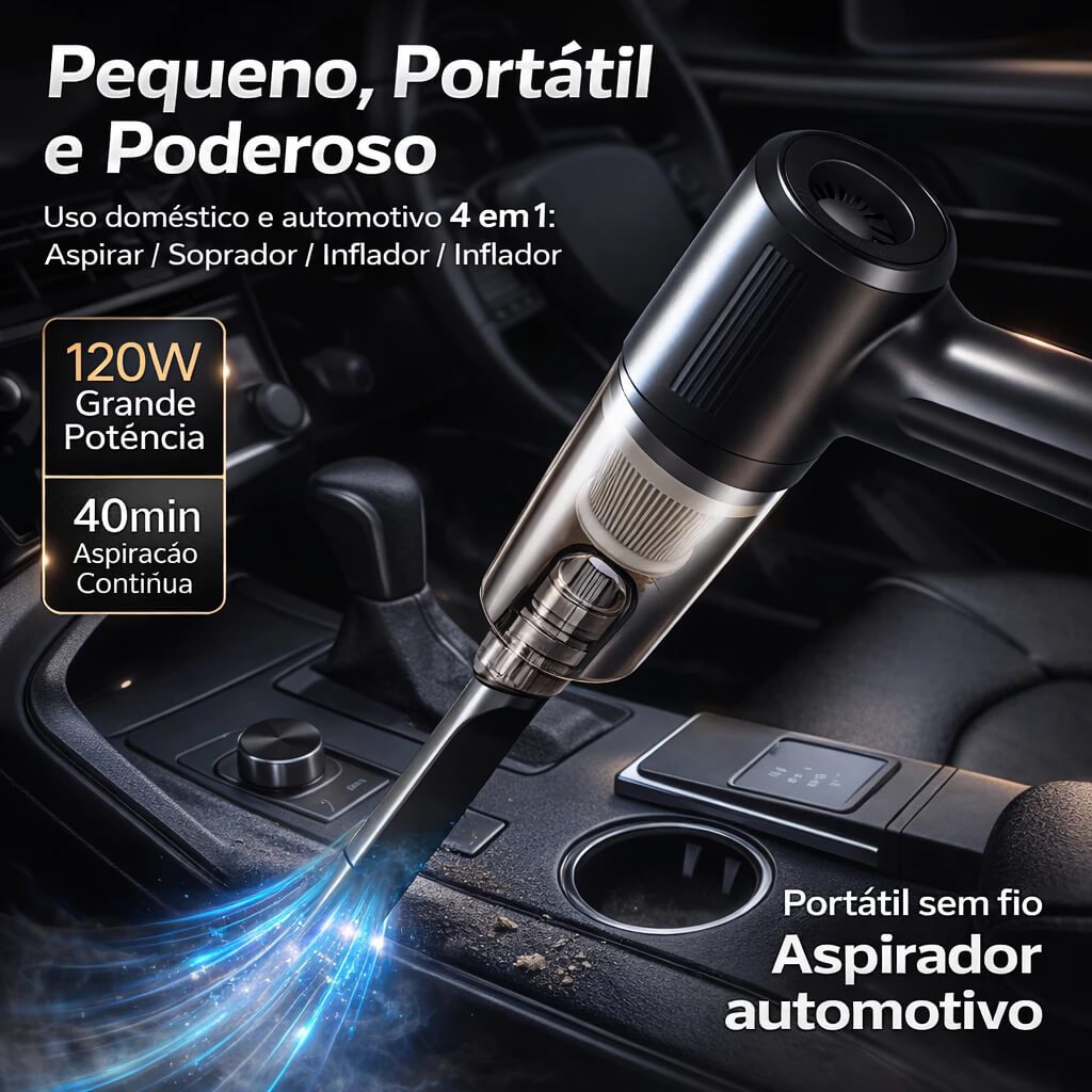 Aspirador portátil Sem Fio Potente Carro e Casa 3 em 1 Recarregável com ...
