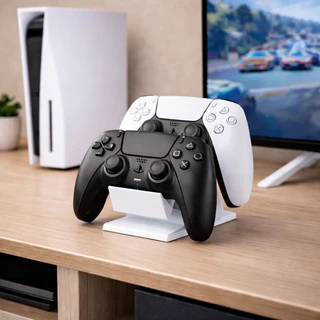 Suporte Duplo Controle Gamer PS5 PS4 Xbox Branco Organizador Mesa Base 2 Controles Setup Gamer