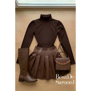 Conjunto Feminino Body Gola Alta Marrom + Saia Couro Plissada — foto 2 — Achou Levou Brasil