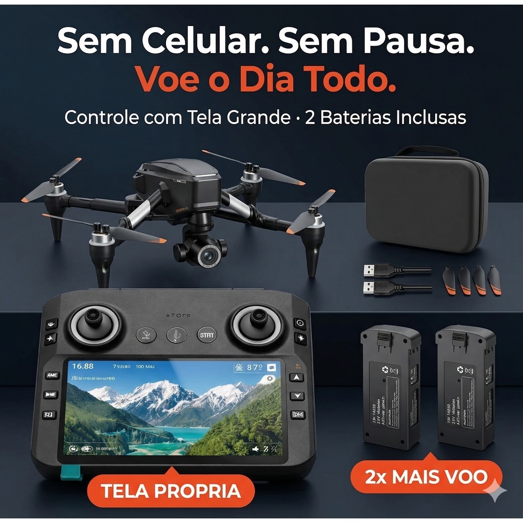 Drone 4K HDR Câmera CINE Motor Brushless Controle Tela 2 Baterias Kit Completo Fluxo Óptico Zoom 50x Gimbal 90°