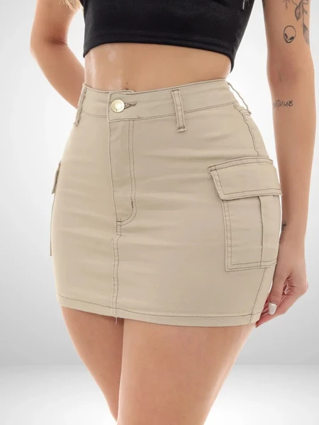 Saia Cargo Feminina Bege Cintura Alta Premium 34 ao 44