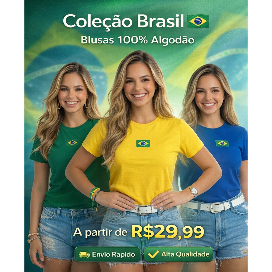 Camiseta Brasil Bordada Copa 2026 🇧🇷 100% Algodão Fio 30.1 Premium Feminina Verde Amarela Azul em Oferta na Shopee