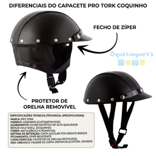Capacete Coquinho Aberto Couro Sintético Antialérgico Preto Bike Custom Pro Tork