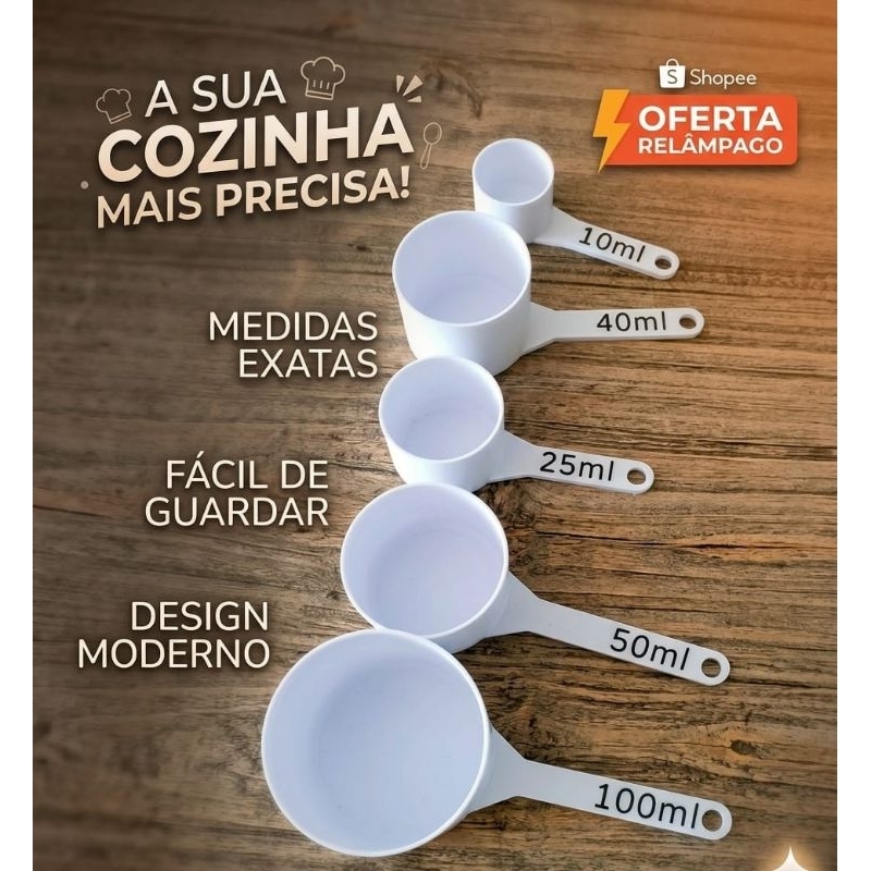 Kit 5 Colheres Medidoras Brancas - 10ml a 100ml - Medidores 