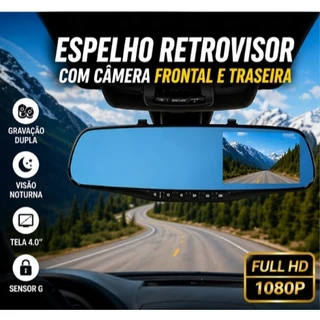 Espelho Retrovisor Câmera Dupla Frontal e Traseira Visão Noturna 4 Polegadas