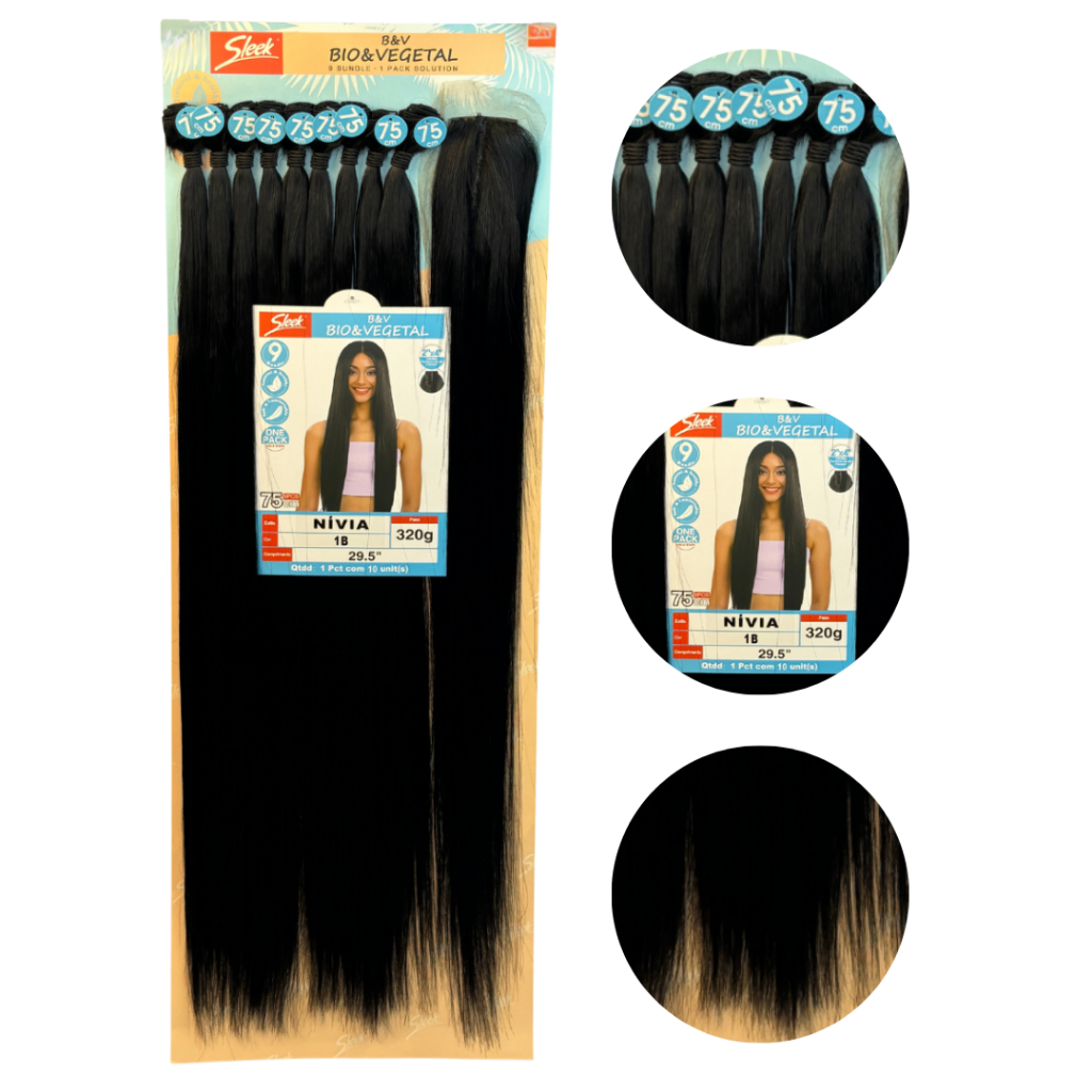 Cabelo Bio Vegetal Liso Nivia Sleek 75cm 320g 9 Telas + Closure