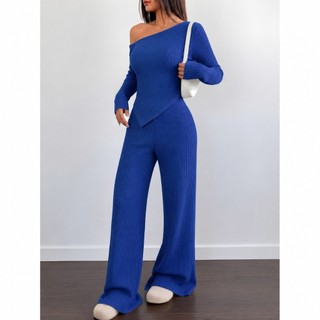 Conjunto Mila Feminino Blusa Assimétrica Manga Comprida  + Calça Pantalona Malha Ribana Moda Inverno — foto 4 — Achou Levou Brasil