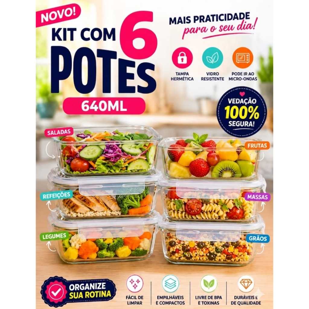 Pote de Vidro Hermético 640ml Kit 6 unidades