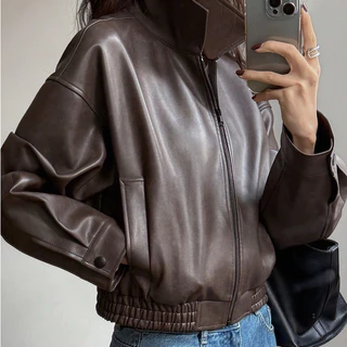 Jaqueta Feminina de Couro Vintage Curta para o Dia dos Namorados Roupas de Outono Jaqueta