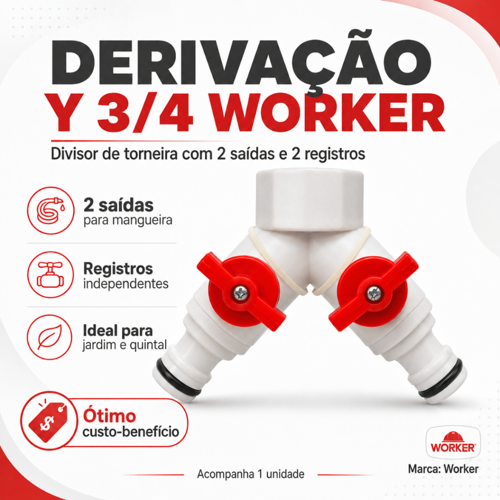 Torneira Y 3/4 Worker com 2 Saídas e Registros para Mangueira Kit 1, 2 ou 3