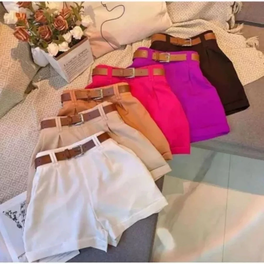 Short Alfaiataria Feminino Cintura Alta com Cinto e Bolsos Elegante - foto 6