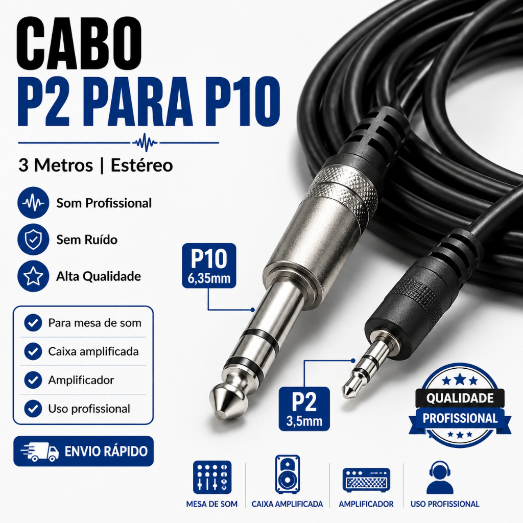 Cabo P2 3,5mm Para P10 6,35mm 3m Estéreo Mesa De Som Caixa Amplificada Interface Áudio DJ