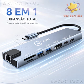 Hub USB-C 8 em 1 Conectividade Inteligente HDMI 4K RJ45 USB 3.0 SD TF | UnicoVida