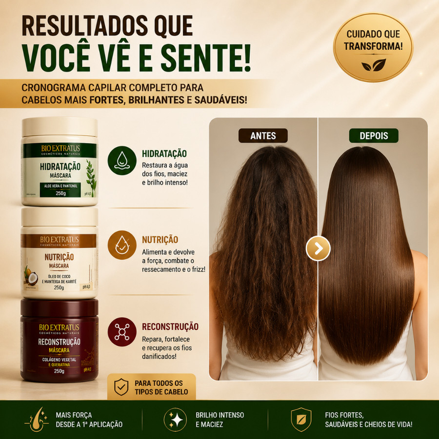Kit Cronograma Capilar Bio Extratus Máscara Shitake 250g, Banho creme Umectante 250g Antiqueda 250g