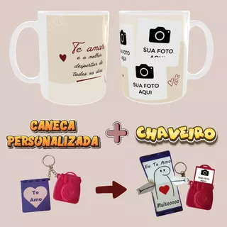 Kit Presente Personalizado Caneca com 3 Fotos + Chaveiro Porta Retrato Personalizado 3D