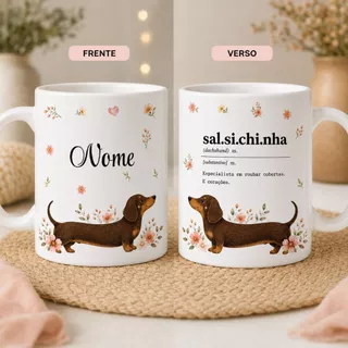 Caneca Dachshund Salsichinha Personalizada com Nome 325ml Presente para Mãe e Pai de Pet Cachorro Salsicha