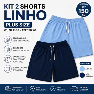 Kit 2 Shorts de Linho Plus Size Premium G1,G2,G3 Mauricinho Confort elástico cintura casual 2 bolsos laterais e traseiro