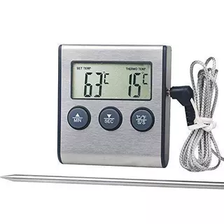 Termômetro Digital Culinário Com Sonda Inox E Timer + Imã Prateado