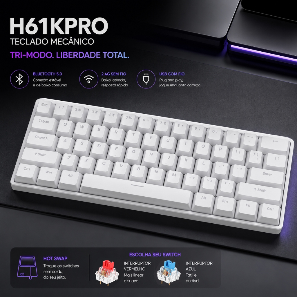 Teclado Mecânico Sem Fio H61KPRO Bluetooth 2,4G Hot-Swappable ...