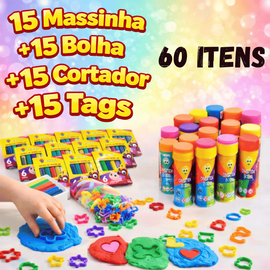 Kit 15 Cx Massinha de Modelar + 15 Bolha de Sab&atilde;o + 15 Cortador +15...
