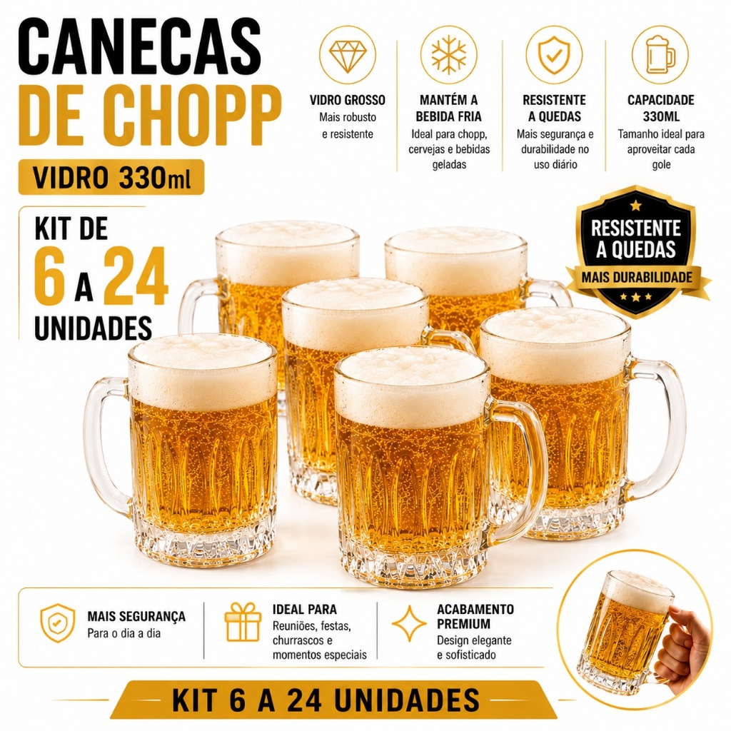 Canecas de Chopp Vidro 330ml Kit 6 a 24 Grosso Resistente a Queda Cerveja Bar Churrasco