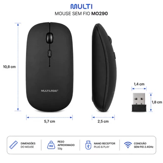 Mouse sem Fio Slim Recarregável Bateria de Lítio Clique Silencioso 4 Botões Multi - MO290 *ENVIO NO MESMO DIA UTIL*