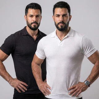 Kit 2 Camisa Polo Italiana Masculina Texturizada Sem Botão Manga Slim Luxo