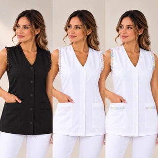 Avental Jaleco feminino Profissional Oxford com Lese e bolsos frontais