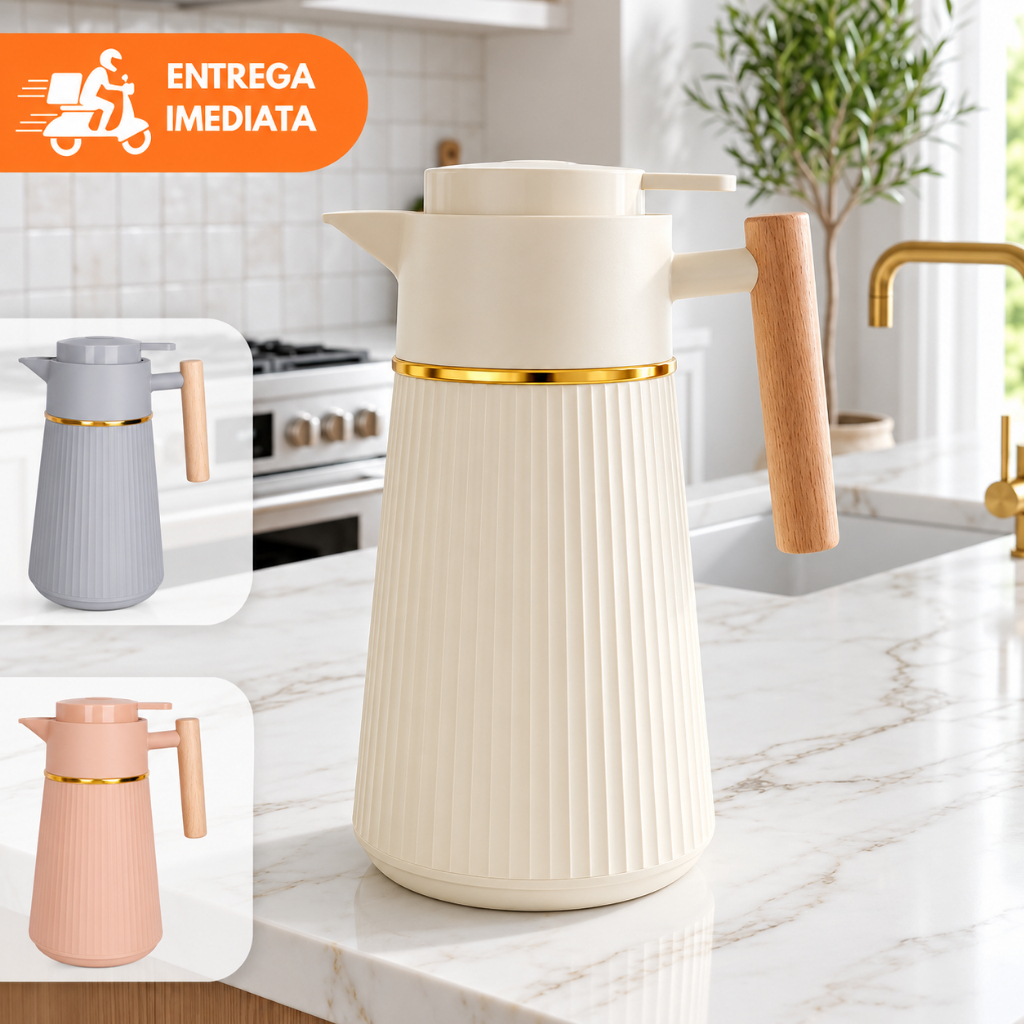 Foto de Garrafa Térmica Nórdica Berlim Café 1L Cabo De Madeira Luxo Mesa Posta Canelado Dourado, categoria Geral, oferta na Promotina