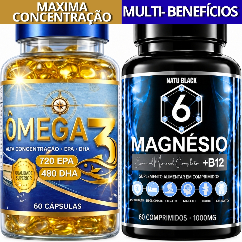 KIT Omega 3 Original Puro 720 EPA 480 DHA + 06 Tipos Magnésio com Vitamina B12 METILCOBALAMINA