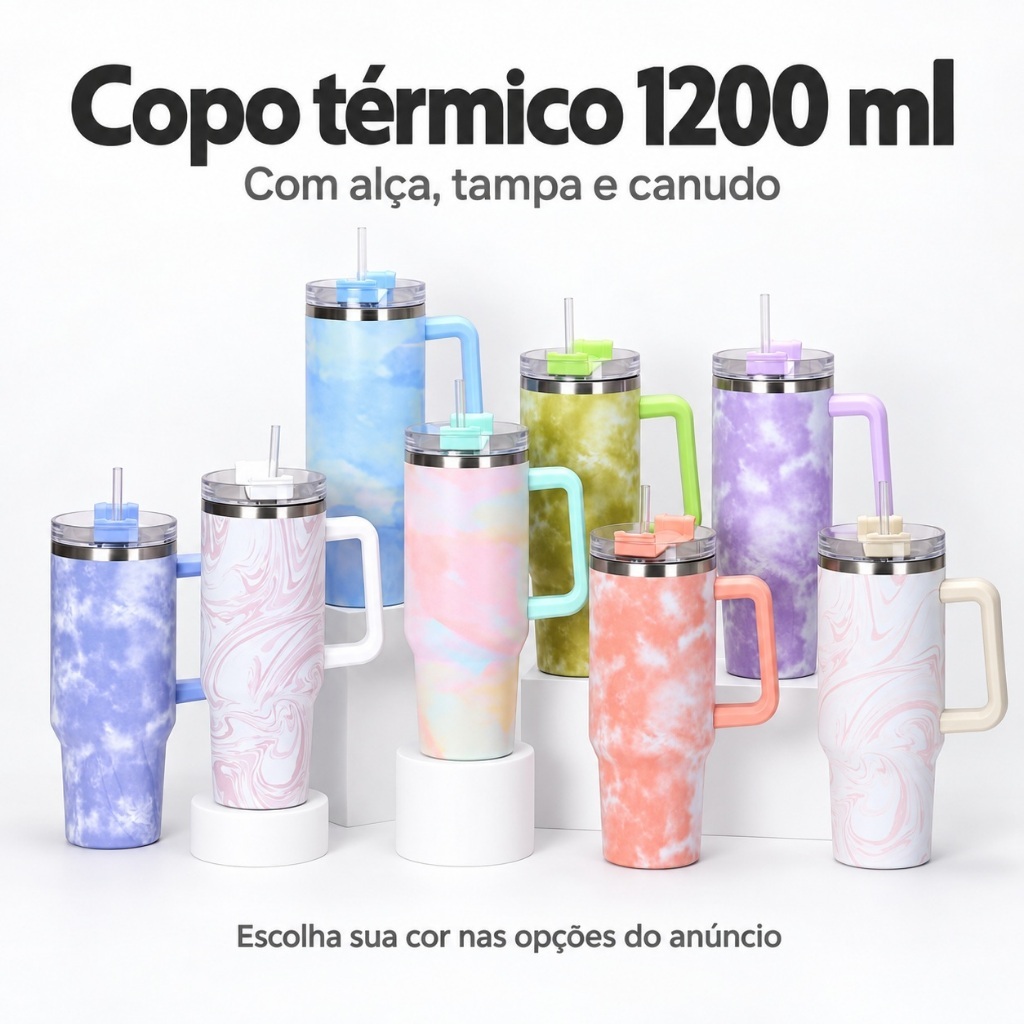Copo Térmico 1200ml Aço Inox Marmorizado com Alça, Tampa e Canudo para Água, Academia, Trabalho e Viagem Cores Variadas