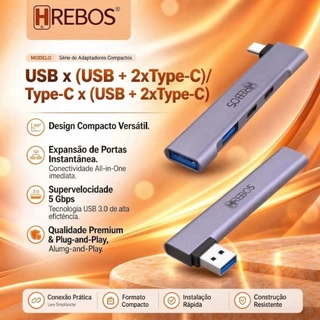 HREBOS Hub USB-C Angular 4 em 1, Alumínio, 2 USB + 2 Type-C, PD, Carga Rápida e Transferência de Dados, para Notebook PC