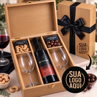 Cesta Presente Kit Vinho com 2 Taças e Petiscos Gourmet. Escolha o Vinho Suave ou Seco! GRAVE O NOME OU LOGO NA CAIXA!