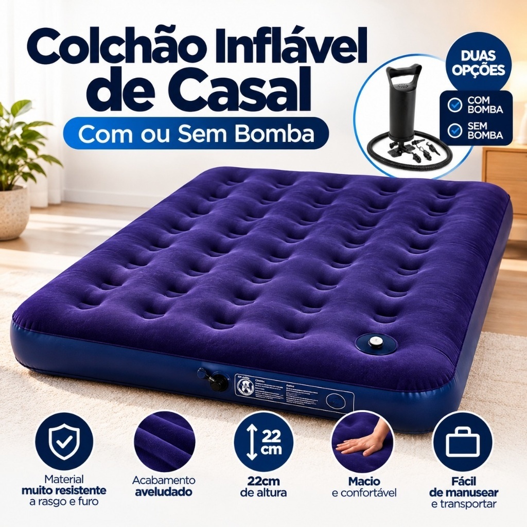 Colchão Inflável Casal Opção De Bomba de Ar Embutida Aveludado Multiuso ...