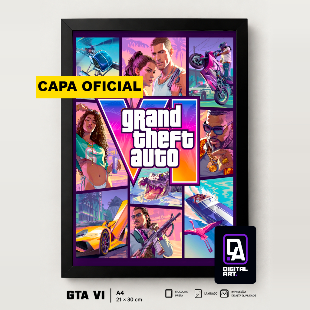 Quadro Decorativo GTA VI / GTA 6 Gamer A4 21x30cm com Moldura Preta