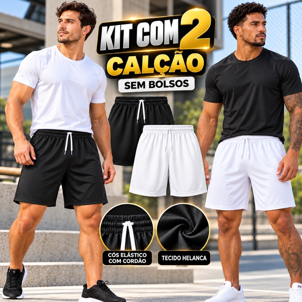 🔥 Kit 2 Bermudas Shorts Masculino Unissex Futebol Futsal Academia Treino Esportivo Sem Bolsos M ao XG short CALÇAO 🔥