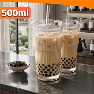Copos de Vidro 500ml Groove Com Tampa e Canudo Vedação Hermética Reutilizável Água Suco Drink