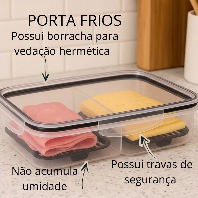 Porta Frios Duplo Preto para Presunto e Queijo Com Fundo Removível Para Conservar e Organizar a Geladeira Hermetico